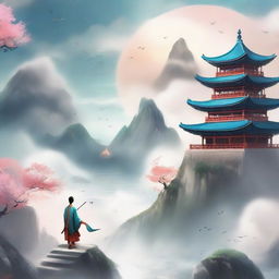 Create an ethereal and adventurous cover for a Xianxia novel titled '羽衣常带烟霞色'