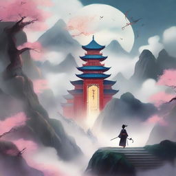 Create an ethereal and adventurous cover for a Xianxia novel titled '羽衣常带烟霞色'