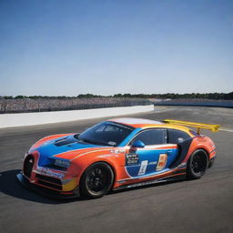 Bugatti cars redesigned into NASCAR-style racing vehicles, reflecting a sleek aerodynamic design, vivid racing colors and logos, outfitted for high-speed racing.