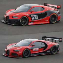 Bugatti cars redesigned into NASCAR-style racing vehicles, reflecting a sleek aerodynamic design, vivid racing colors and logos, outfitted for high-speed racing.