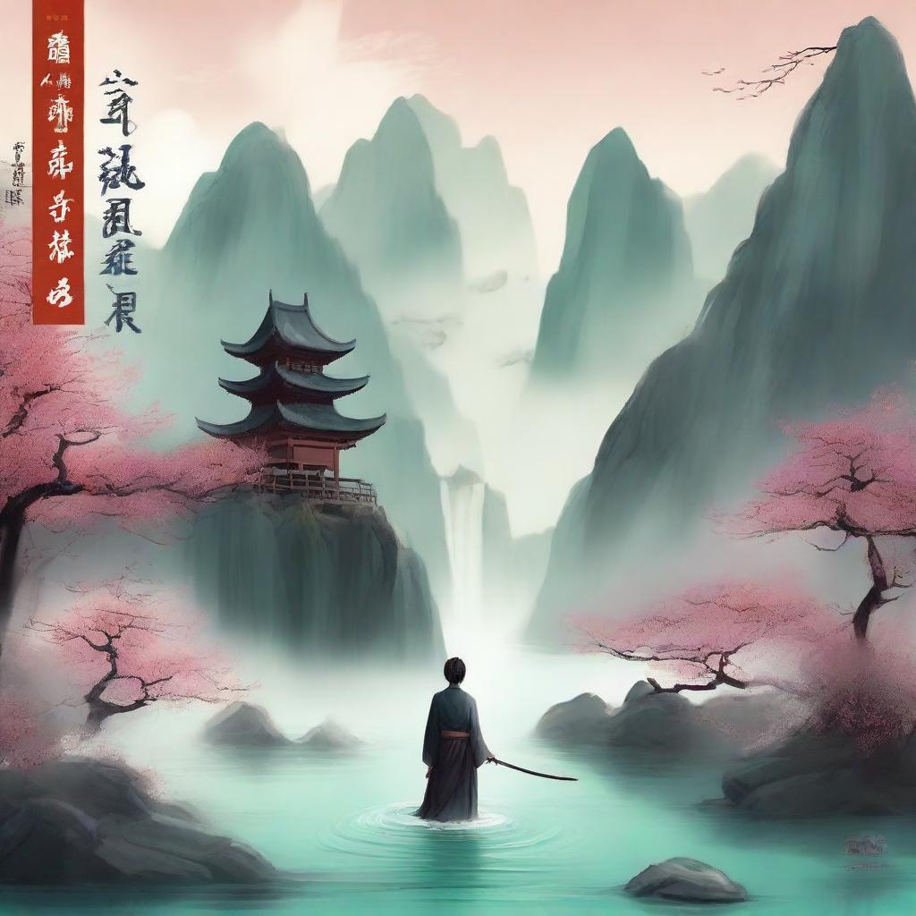 Create an ethereal and adventurous cover for a Xianxia novel titled '羽衣常带烟霞色'