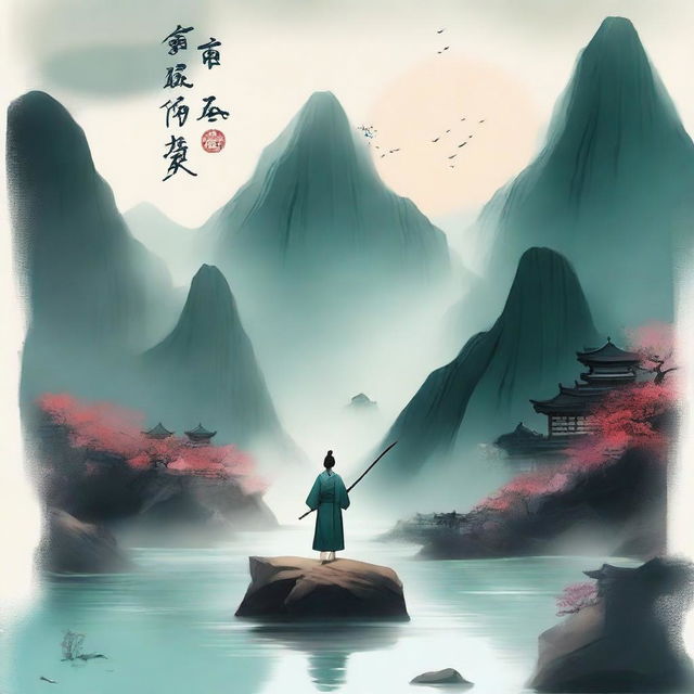 Create an ethereal and adventurous cover for a Xianxia novel titled '羽衣常带烟霞色'