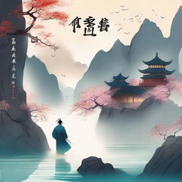 Create an ethereal and adventurous cover for a Xianxia novel titled '羽衣常带烟霞色'