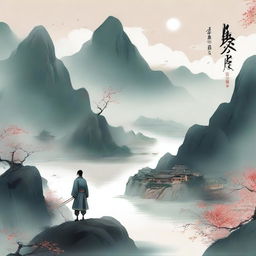 Create an ethereal and adventurous cover for a Xianxia novel titled '羽衣常带烟霞色'