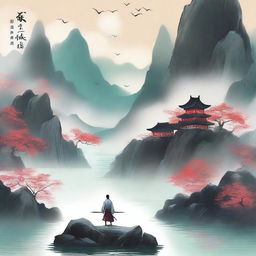 Create an ethereal and adventurous cover for a Xianxia novel titled '羽衣常带烟霞色'