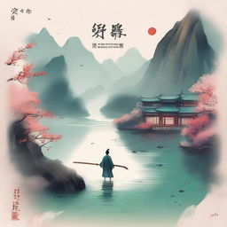 Create an ethereal and adventurous cover for a Xianxia novel titled '羽衣常带烟霞色'