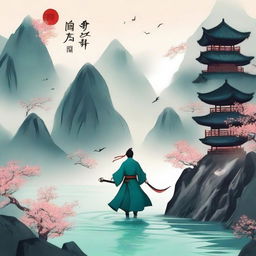 Create an ethereal and adventurous cover for a Xianxia novel titled '羽衣常带烟霞色'