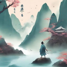 Create an ethereal and adventurous cover for a Xianxia novel titled '羽衣常带烟霞色'