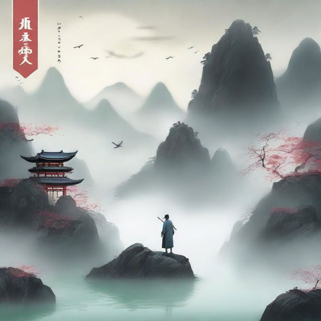 Create an ethereal and adventurous cover for a Xianxia novel titled '烟霞明灭'