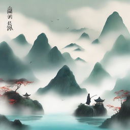 Create an ethereal and adventurous cover for a Xianxia novel titled '烟霞明灭'