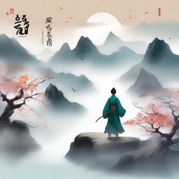 Create an ethereal and adventurous cover for a Xianxia novel titled '烟霞明灭'