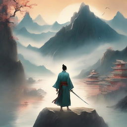 Create an ethereal and adventurous cover for a Xianxia novel featuring a river and a town, with a flying mountain emitting rays of light