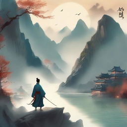 Create an ethereal and adventurous cover for a Xianxia novel featuring a river and a town, with a flying mountain emitting rays of light