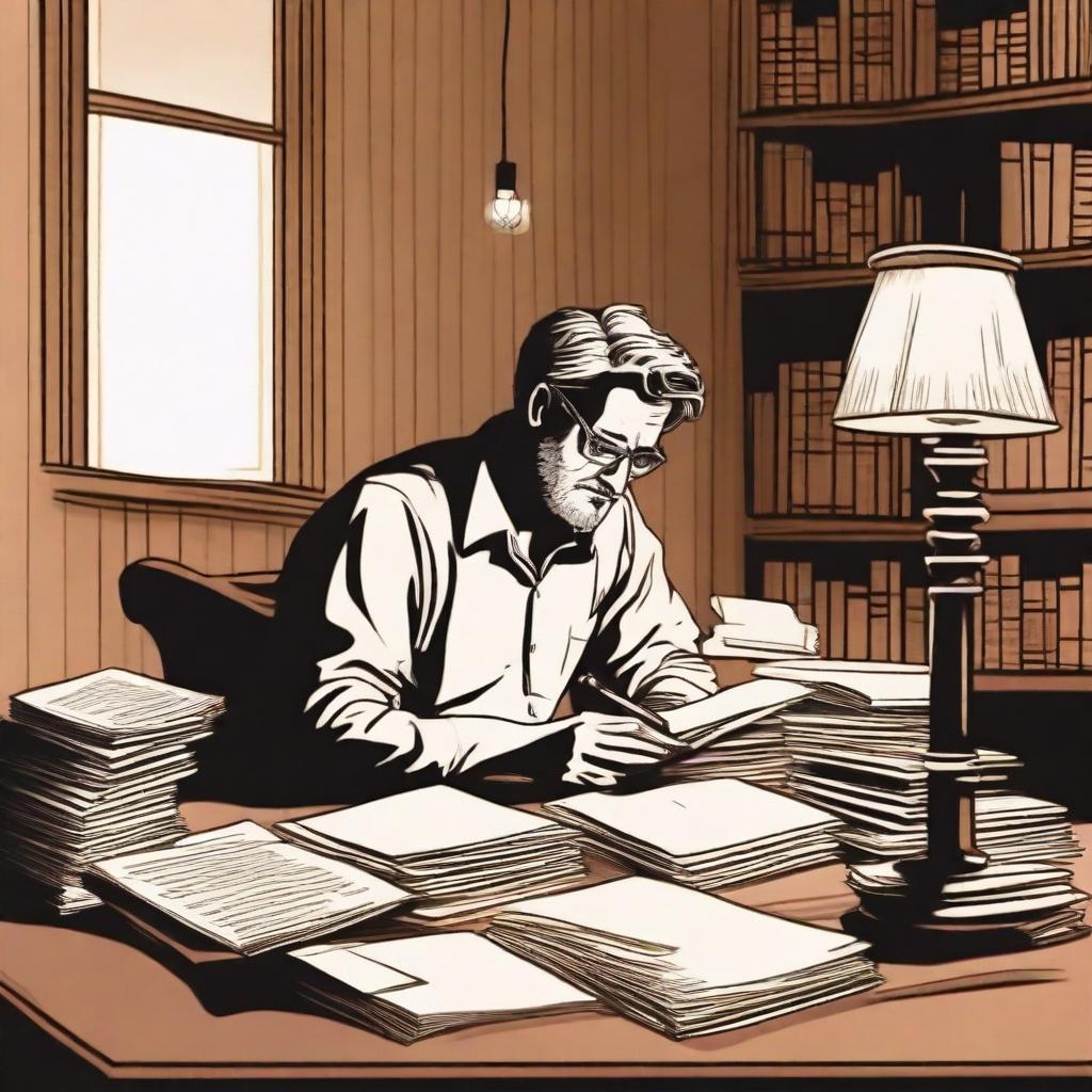 An image of a writer sitting at a wooden desk, surrounded by stacks of books and papers