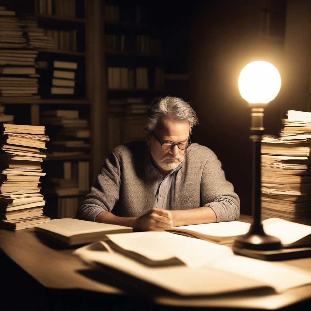 An image of a writer sitting at a wooden desk, surrounded by stacks of books and papers