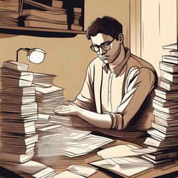 An image of a writer sitting at a wooden desk, surrounded by stacks of books and papers