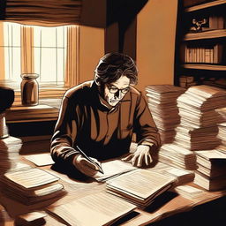 An image of a writer sitting at a wooden desk, surrounded by stacks of books and papers