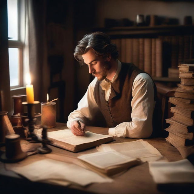 An image of a historical romance writer sitting at an antique wooden desk, surrounded by stacks of old books and parchment