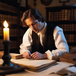 An image of a historical romance writer sitting at an antique wooden desk, surrounded by stacks of old books and parchment