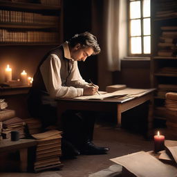 An image of a historical romance writer sitting at an antique wooden desk, surrounded by stacks of old books and parchment