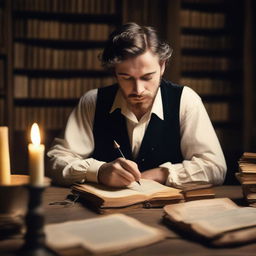 An image of a historical romance writer sitting at an antique wooden desk, surrounded by stacks of old books and parchment