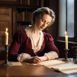 An image of an elegant historical romance writer, dressed in period clothing, sitting at an antique wooden desk