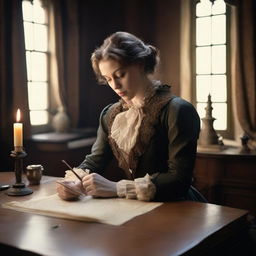 An image of an elegant historical romance writer, dressed in period clothing, sitting at an antique wooden desk