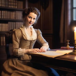 An image of an elegant historical romance writer, dressed in period clothing, sitting at an antique wooden desk