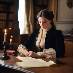 An image of an elegant historical romance writer, dressed in period clothing, sitting at an antique wooden desk