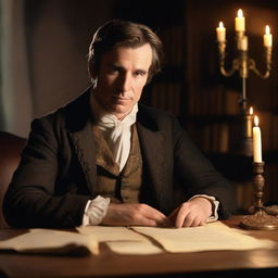 An image of an elegant male historical romance writer, dressed in sophisticated period clothing, sitting at an antique wooden desk