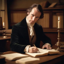 An image of an elegant male historical romance writer, dressed in sophisticated period clothing, sitting at an antique wooden desk