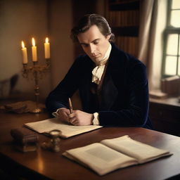 An image of an elegant male historical romance writer, dressed in sophisticated period clothing, sitting at an antique wooden desk