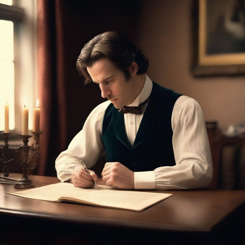 An image of an elegant male historical romance writer, dressed in sophisticated period clothing, sitting at an antique wooden desk