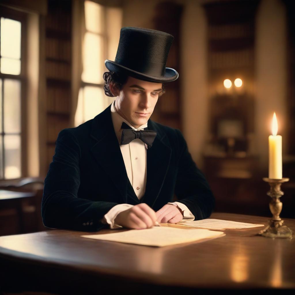 An image of an elegant male historical romance writer, dressed in a formal gown, top hat, and bow tie, sitting at an antique wooden desk