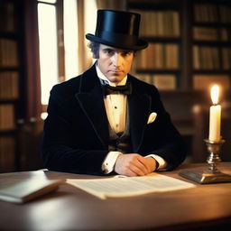 An image of an elegant male historical romance writer, dressed in a formal gown, top hat, and bow tie, sitting at an antique wooden desk