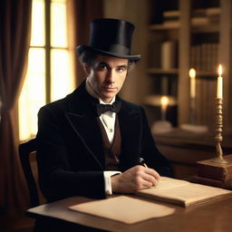 An image of an elegant male historical romance writer, dressed in a formal gown, top hat, and bow tie, sitting at an antique wooden desk