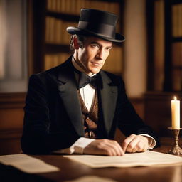 An image of an elegant male historical romance writer, dressed in a formal gown, top hat, and bow tie, sitting at an antique wooden desk