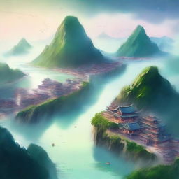 Create an ethereal and adventurous cover for a Xianxia novel featuring a river and a town viewed from the sky