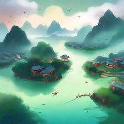 Create an ethereal and adventurous cover for a Xianxia novel featuring a river and a town viewed from the sky