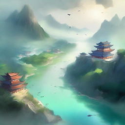 Create an ethereal and adventurous cover for a Xianxia novel featuring a river and a town viewed from the sky