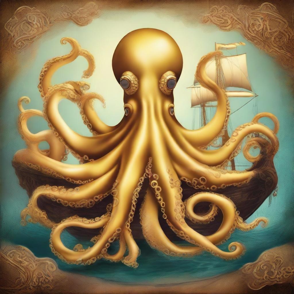 Create an image of a golden octopus with seven tentacles surrounding a ship's rudder