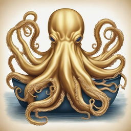 Create an image of a golden octopus with seven tentacles surrounding a ship's rudder