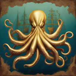 Create an image of a golden octopus with seven tentacles surrounding a ship's rudder