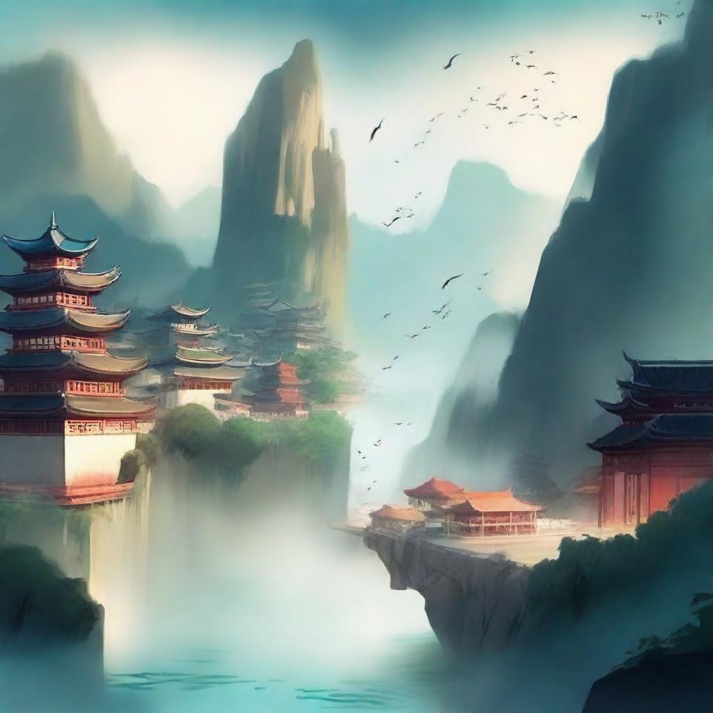 Create an ethereal and adventurous cover for a Xianxia novel featuring a river and a town viewed from the sky