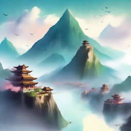 Create an ethereal and adventurous cover for a Xianxia novel featuring a river and a town viewed from the sky