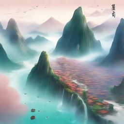 Create an ethereal and adventurous cover for a Xianxia novel featuring a river and a town viewed from the sky