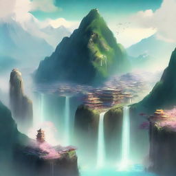 Create an ethereal and adventurous cover for a Xianxia novel featuring a river and a town viewed from the sky