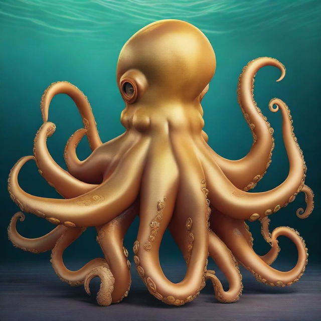 Create an image of a golden octopus with seven tentacles surrounding an udder