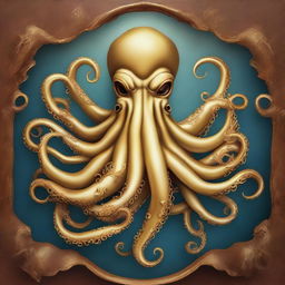 Create an image of a golden octopus with seven tentacles surrounding a ship's rudder