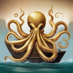 Create an image of a golden octopus with seven tentacles surrounding a ship's rudder